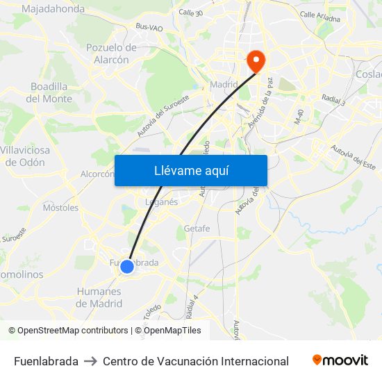 Fuenlabrada to Centro de Vacunación Internacional map