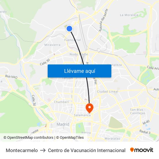 Montecarmelo to Centro de Vacunación Internacional map