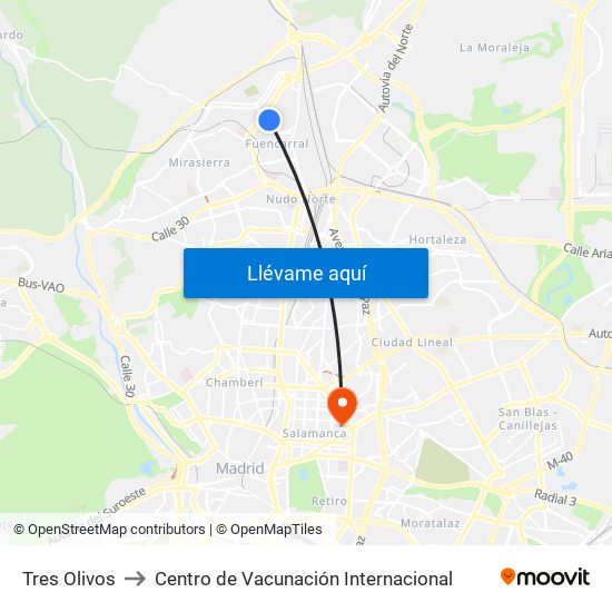 Tres Olivos to Centro de Vacunación Internacional map