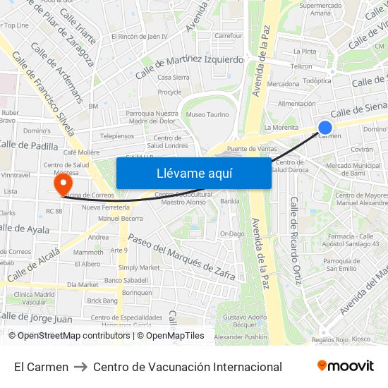 El Carmen to Centro de Vacunación Internacional map