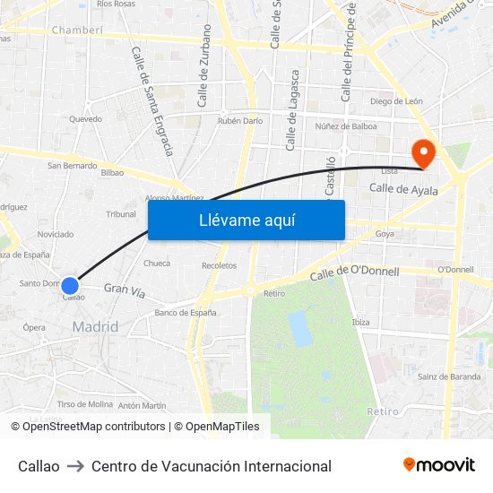 Callao to Centro de Vacunación Internacional map