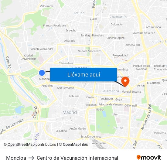 Moncloa to Centro de Vacunación Internacional map