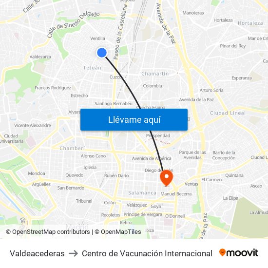 Valdeacederas to Centro de Vacunación Internacional map