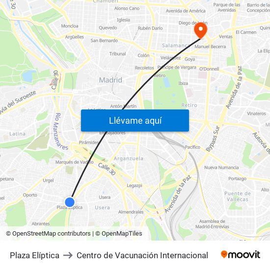 Plaza Elíptica to Centro de Vacunación Internacional map