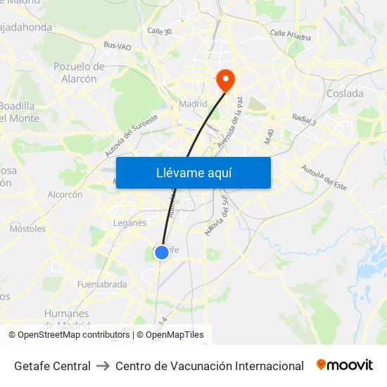 Getafe Central to Centro de Vacunación Internacional map
