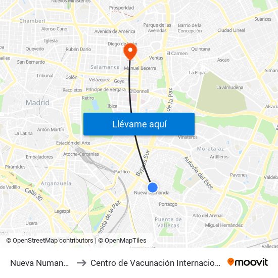 Nueva Numancia to Centro de Vacunación Internacional map