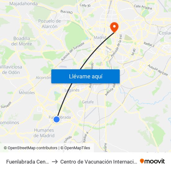 Fuenlabrada Central to Centro de Vacunación Internacional map