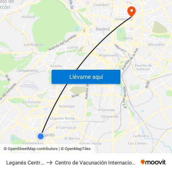 Leganés Central to Centro de Vacunación Internacional map