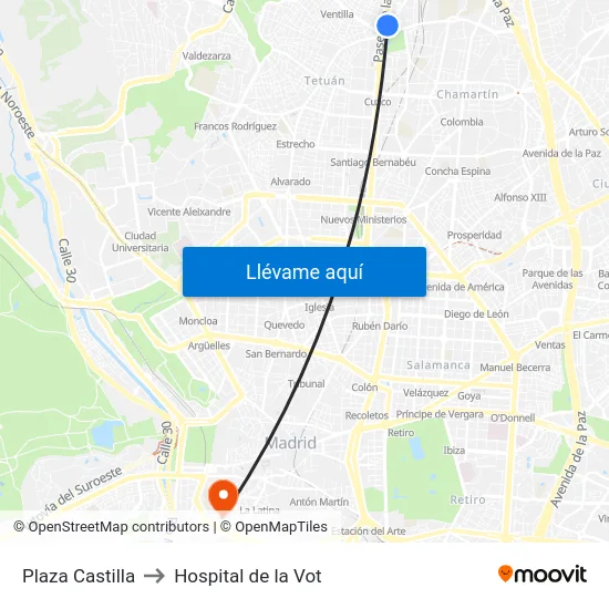 Plaza Castilla to Hospital de la Vot map