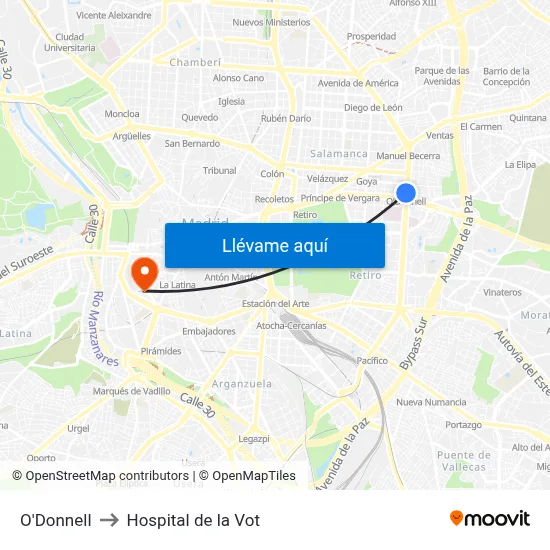 O'Donnell to Hospital de la Vot map