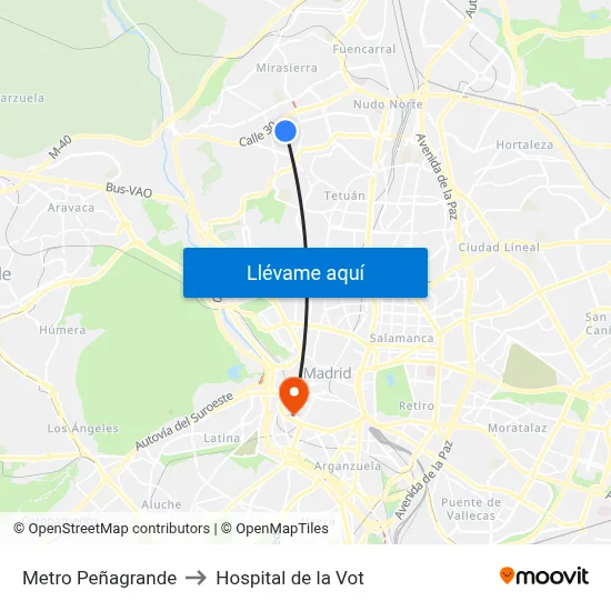 Metro Peñagrande to Hospital de la Vot map