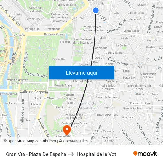 Gran Vía - Plaza De España to Hospital de la Vot map