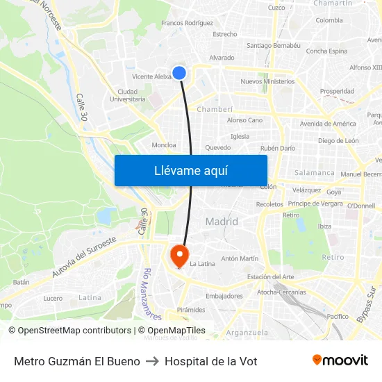 Metro Guzmán El Bueno to Hospital de la Vot map