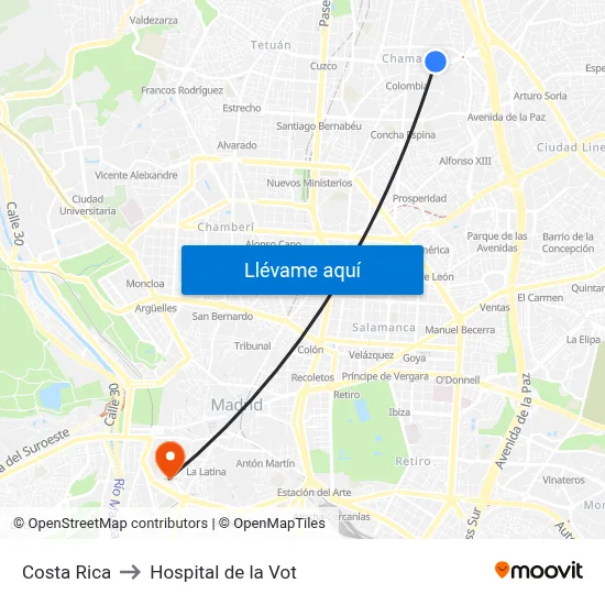 Costa Rica to Hospital de la Vot map