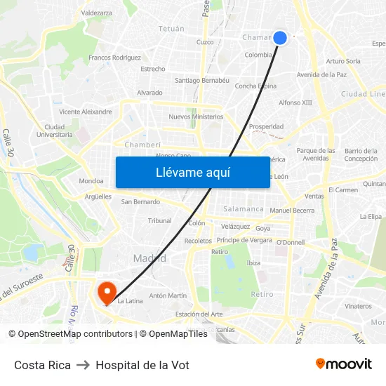 Costa Rica to Hospital de la Vot map