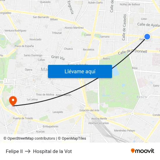 Felipe II to Hospital de la Vot map