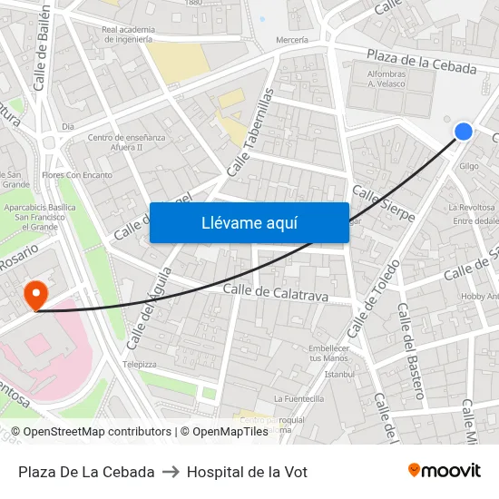 Plaza De La Cebada to Hospital de la Vot map