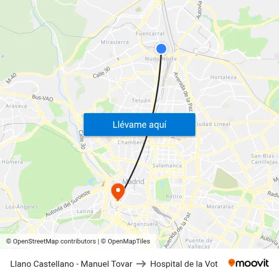 Llano Castellano - Manuel Tovar to Hospital de la Vot map