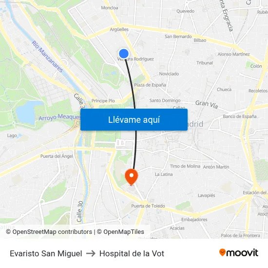 Evaristo San Miguel to Hospital de la Vot map