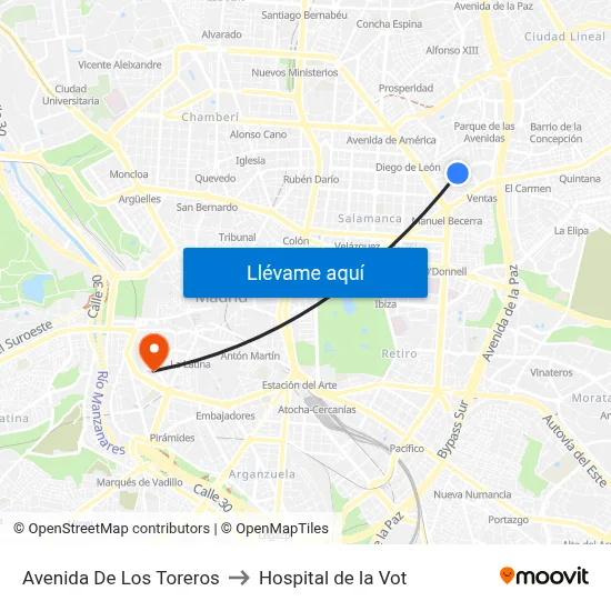 Avenida De Los Toreros to Hospital de la Vot map