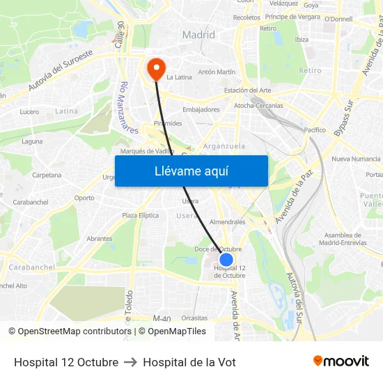Hospital 12 Octubre to Hospital de la Vot map
