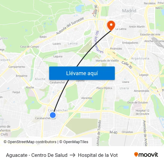 Aguacate - Centro De Salud to Hospital de la Vot map