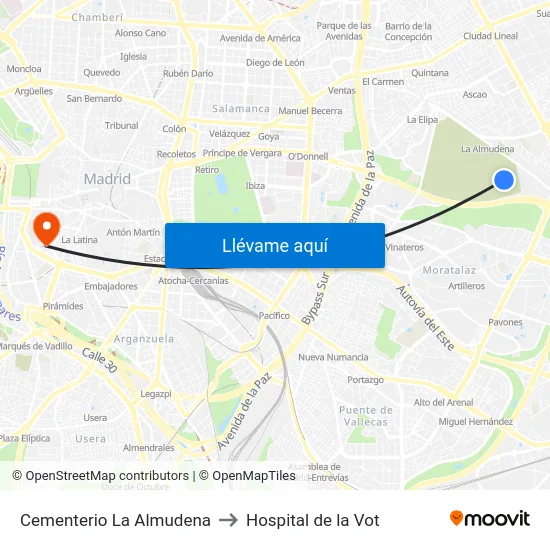 Cementerio La Almudena to Hospital de la Vot map