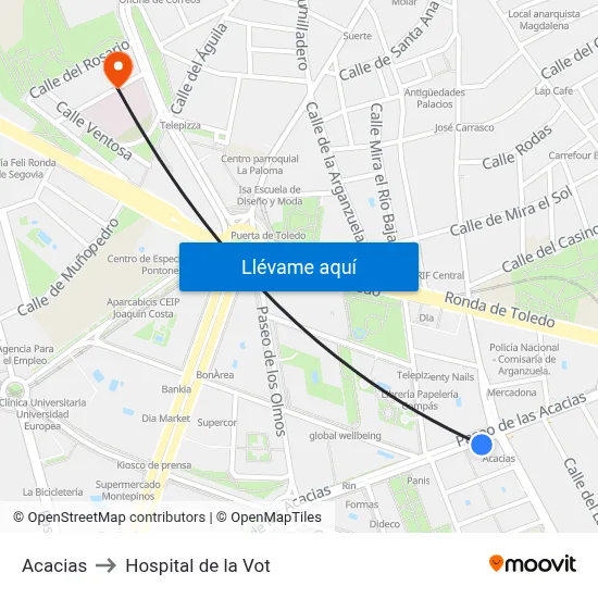Acacias to Hospital de la Vot map