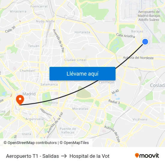 Aeropuerto T1 - Salidas to Hospital de la Vot map