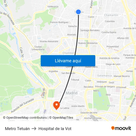 Metro Tetuán to Hospital de la Vot map