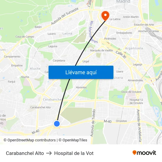 Carabanchel Alto to Hospital de la Vot map