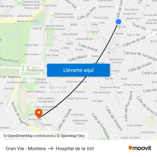 Gran Vía - Montera to Hospital de la Vot map