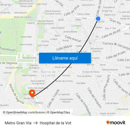 Metro Gran Vía to Hospital de la Vot map