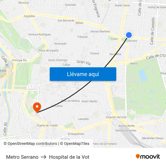 Metro Serrano to Hospital de la Vot map