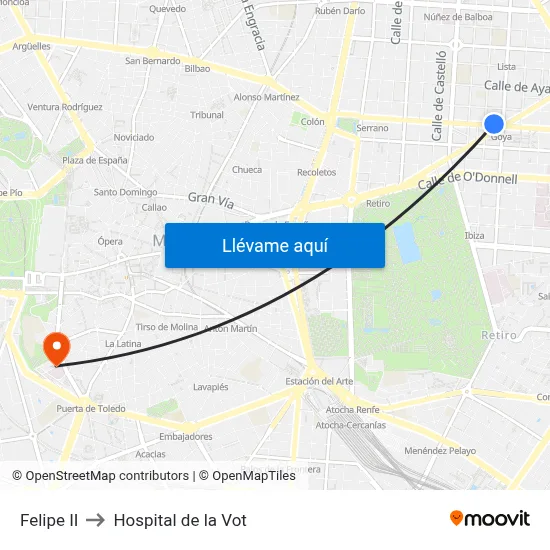 Felipe II to Hospital de la Vot map