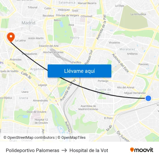 Polideportivo Palomeras to Hospital de la Vot map