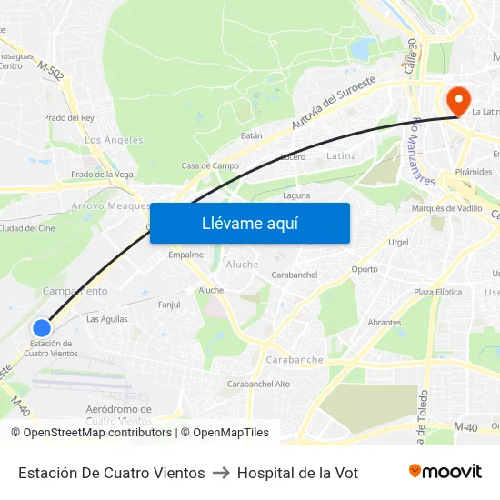 Estación De Cuatro Vientos to Hospital de la Vot map