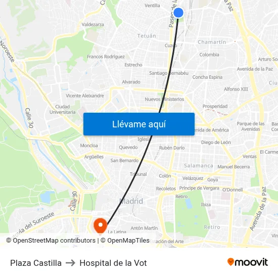 Plaza Castilla to Hospital de la Vot map
