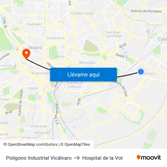 Polígono Industrial Vicálvaro to Hospital de la Vot map