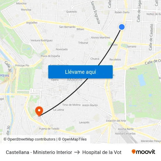 Castellana - Ministerio Interior to Hospital de la Vot map