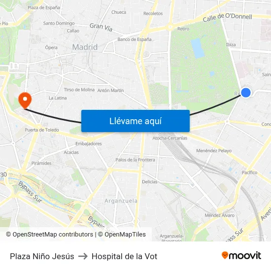 Plaza Niño Jesús to Hospital de la Vot map