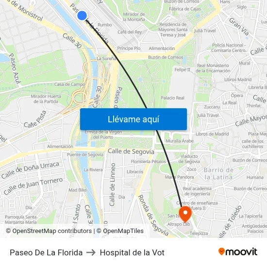 Paseo De La Florida to Hospital de la Vot map