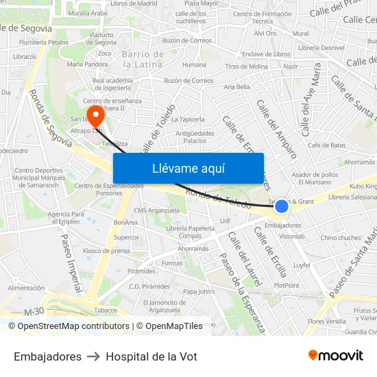 Embajadores to Hospital de la Vot map
