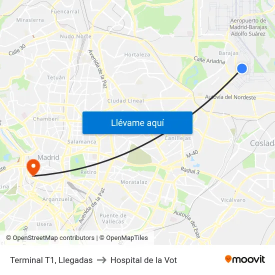 Terminal T1, Llegadas to Hospital de la Vot map