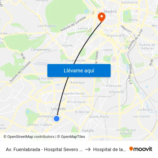 Av. Fuenlabrada - Hospital Severo Ochoa to Hospital de la Vot map
