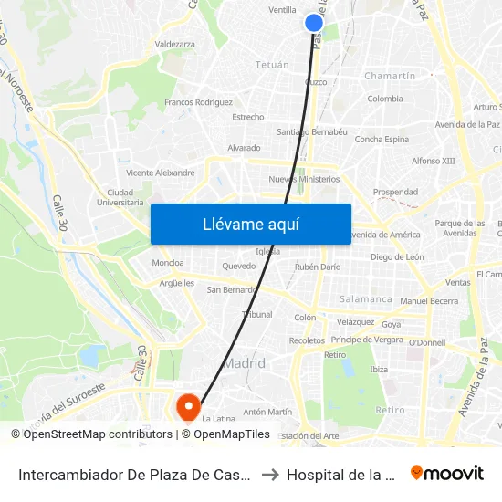 Intercambiador De Plaza De Castilla to Hospital de la Vot map