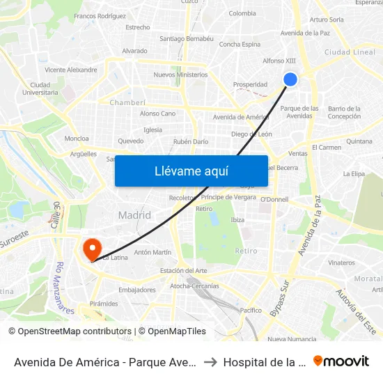 Avenida De América - Parque Avenidas to Hospital de la Vot map
