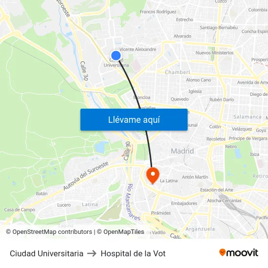 Ciudad Universitaria to Hospital de la Vot map