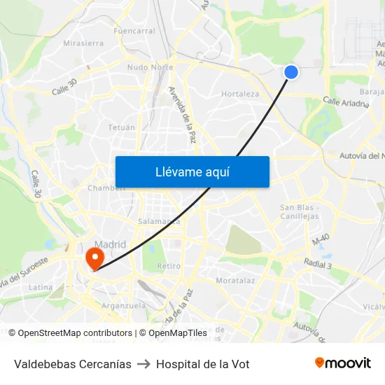 Valdebebas Cercanías to Hospital de la Vot map