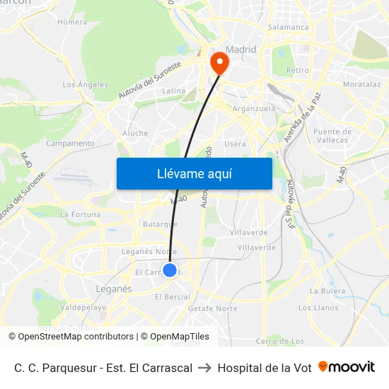 C. C. Parquesur - Est. El Carrascal to Hospital de la Vot map